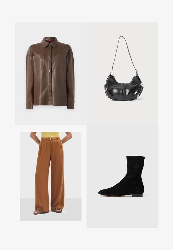 Hnedá koženka košela s golierom, predným zapínaním na gombíky a dvoma náprsními vreckami. Obsahuje hladkú textúru a prispôsobený strih.; Hnedé nohavice s širokými nohavicami vyrobené z mäkkej látky, s jedným gombíkom a prednými záhybmi. Skombinované s vzorovanými sandále.; Čierne semišové členkové topánky s priliehavým zvrškom, špicatou špičkou a nízkym blokovým opätkom. Hladká textúra a minimalistický dizajn, vhodné na všestranné kombinovanie.; Čierna kožená ramenná taška v tvare polmesiaca so striebornými zipsami na oboch stranách a jedným popruhom.