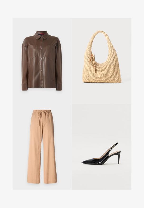 Rudas dirbtinio kailio marškininė striukė su apykakle, priekyje su mygtukų uždarymu ir dviem krūtinės kišenėmis. Išsiskiria lygiu paviršiumi ir pritaikytu siluetu.; Šviesiai rudų platėjančių kelnių su elastinga juosta ir suvarstomu raiščiu. Pagamintos iš lengvos medžiagos, pasižyminčios lygiu tekstūru ir švariomis linijomis.; Juodas lakinės odos slingback batelis su smailiu nosiu, plonu kulnu ir subtiliu išpjovos dizainu. Yra auksinė sagtis ant dirželio.; Audimo šviesiai rudos spalvos rankinė su išlenkta rankena, tekstūruotu paviršiumi ir ruda kutu. Yra laisva, hobo forma.