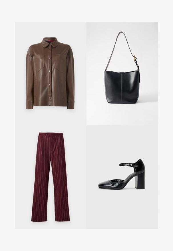 Veste en faux cuir marron avec col, fermeture à boutons sur le devant et deux poches poitrine. Possède une texture lisse et une coupe cintrée.; Pantalons larges bordeaux avec un motif à rayures, devant plissé et fermeture à bouton, fabriqués à partir d'un tissu doux au design structuré.; Chaussures à talons hauts en cuir verni noir avec un bout carré, une bride de cheville et un talon épais. Comprend des détails perforés le long du bord.; Sac à épaule en cuir noir avec une texture lisse, doté d'une fine bandoulière longue et d'un discret détail cousu au centre.