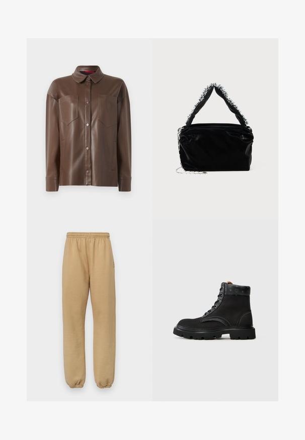 Brązowa kurtka koszulowa z syntetycznej skóry z kołnierzykiem, z przodu zapinana na guziki oraz dwiema kieszeniami na piersi. Posiada gładką teksturę i dopasowany fason.; Beżowe dresy wykonane z miękkiego materiału, z elastycznym paskiem w talii i mankietami, z bocznymi szwami oraz małym logo na lewej udzie.; Czarne botki za kostkę z teksturowaną skórzaną cholewką, sznurowanym wzorem, kontrastowym przeszyciem oraz solidną gumową podeszwą. Akcent z logo na języku.; Czarna torebka z sztucznej skóry o teksturowanym wykończeniu, z koralikowym srebrnym akcentem wzdłuż górnego uchwytu oraz łańcuszkowym paskiem.