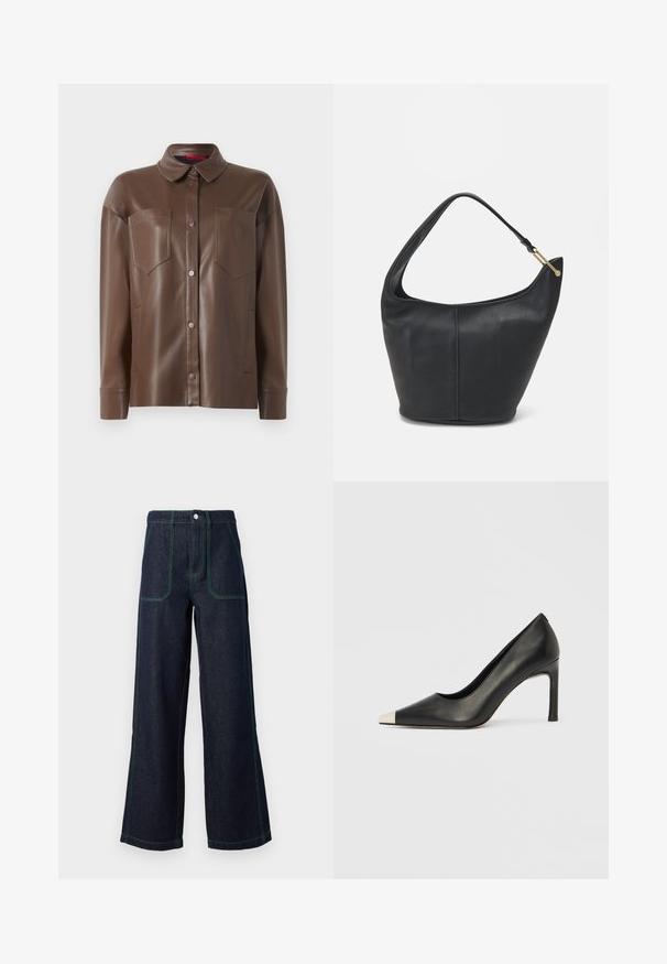 Brown faux leather shirt jacket with a collared neck, front button closure, and two chest pockets. Features smooth texture and tailored fit.; Wide-leg dark denim jeans featuring green contrast stitching, five-pocket design, button closure, and a high waist silhouette.; Black leather high heel shoe with a pointed toe and a metallic silver cap. Features a smooth finish and a slender 10 cm heel.; Black leather handbag with a rounded shape, a wide strap, and a textured finish. Features a subtle seam detail and a gold-tone hardware accent.