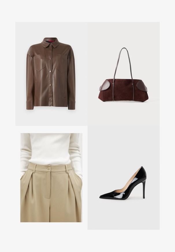 Rjav srajčni jakna iz umetnega usnja s ovratnikom, sprednjim gumbom za zapiranje in dvema žepoma na prsih. Ima gladko teksturo in krojen fit.; NA-KD Hlače - khaki beige; Črne patent usnjene visoke pete s koničastim dizajnom in elegantno silhueto. Imajo gladko, sijočo površino in ozko stiletto peto.; Rjave nubuk torba z usnjenimi dodatki, strukturirane oblike, dvojni naramnice in zaobljeni robovi, z gladko teksturo in minimalnimi kovinskimi elementi.