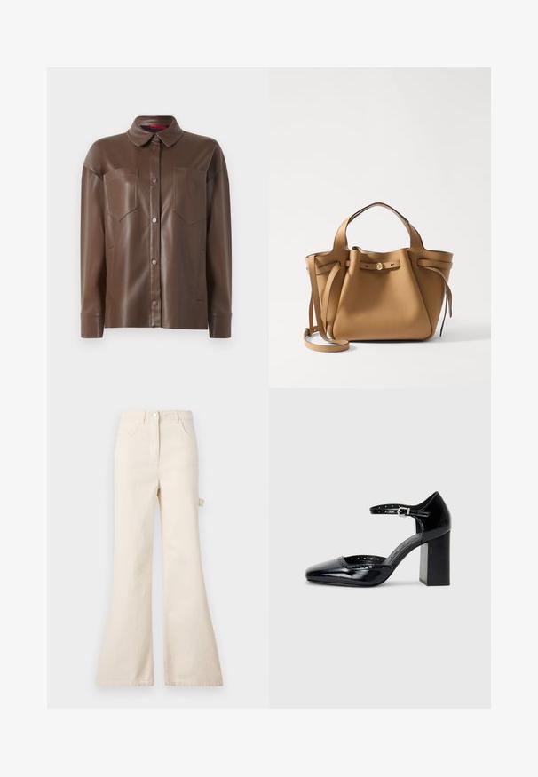 Braune Kunstleder-Hemdjacke mit Kragen, vorderem Knopfverschluss und zwei Brusttaschen. Sie hat eine glatte Textur und eine taillierte Passform.; Beige ausgestellte Jeans aus Baumwolle mit hoher Taille, mit Knopfverschluss, fünf Taschen und einem seitlichen Schlaufen-Detail.; Schwarze patentierte Leder-High Heels mit quadratischer Zehenform, Knöchelriemchen und dicker Absatz. Enthält durchbrochene Details entlang des Randes.; Tory Burch ROMY PEBBLED SATCHEL - Handtasche - tiramisu