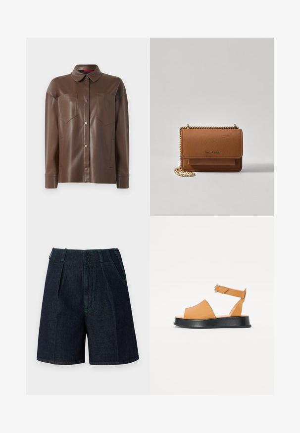 Pruun kunstnahast särgijakk, millel on krae, ees nuputasemel kinnitamine ja kaks rinna taskut. Omab sileda tekstuuri ja nahkse sobivuse.; Tumedate teksased šortsid, millel on pleedid, küljetaskud ja kontrastne roheline õmblus.; Kohvatanne nahast sandaalid laia esiosa, avatud varvastega, reguleeritava rihmaga ja paksu musta platvormitaldiga. Sile tekstuur ja minimalistik disain.; Pruun tekstureeritud nahk ristkeha kott kuldse ahelaga rihmaga ja klapiga sulgemine. Esiküljel on logo detail ja tasku klapi all.