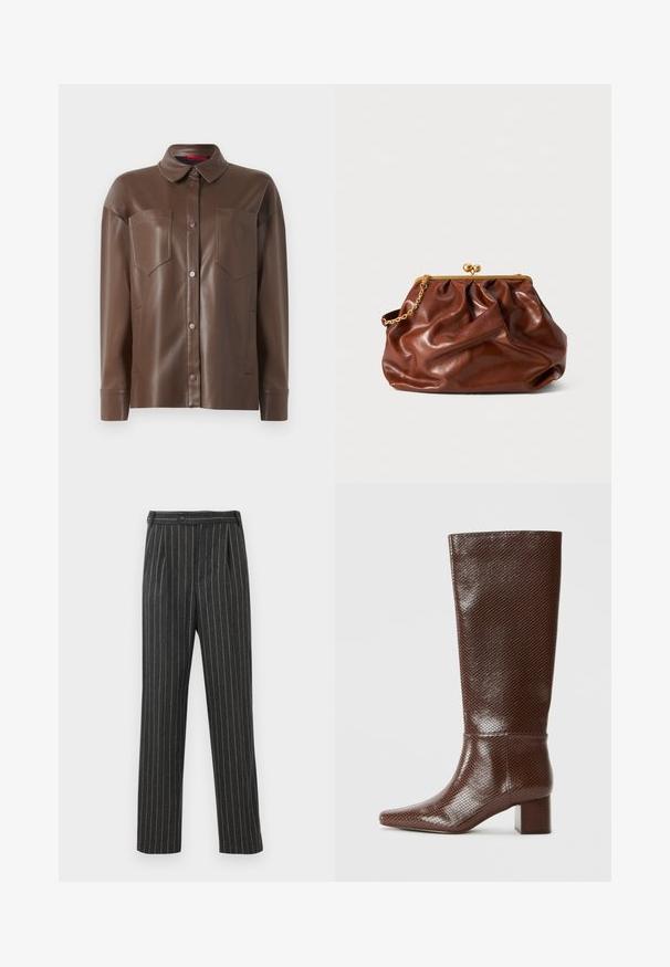 Barna műbőr ingdzseki, galléros nyakkal, elöl gombos záródással és két mellzsebbel. Simára textúrázott és testhezálló szabással rendelkezik.; Szürke csíkos nadrág szövetből. Magas derékkal, elöl redőkkel és egyenes szárú kivitelben készült. Szabványos gombos záródás.; Barna, térd fölé érő csizma, kígyóbőrszerű textúrával, négyzet alakú orral és tömbsarkúval, egyszerű fehér háttér előtt.; Barna bőr klutcs táska arany csattal és rövid arany lánckarral, puha, összegyűrt textúrával, fehér háttér előtt.