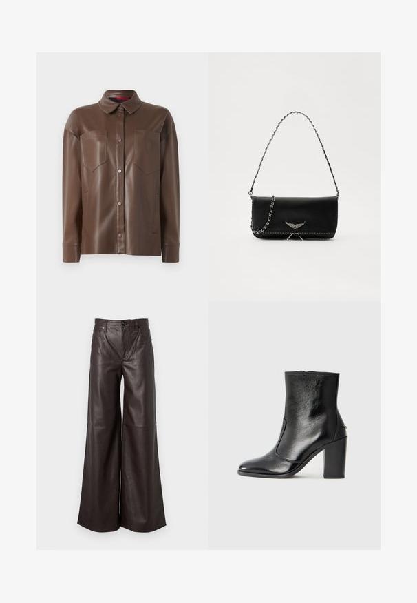 Brūns mākslīgās ādas krekla jaka ar apkakli, priekšējo pogu aizdari un divām krūšu kabatām. Iezīmējas ar gludu tekstūru un pieguļošu fitu.; Tumši brūni ādas platās bikses ar augstu jostasvietu, ar priekšējām kabatām, rāvējslēdzēju un jostas cilpiņām. Gluda tekstūra.; Melnas ādas potīšu zābaki ar gludu tekstūru, smailu purngalu un masīlu augstu papēdi. Iekļauts sānu atvērums un minimālistisks dizains.; Melnas ādas rokassomā ar sudraba ķēdes siksnu, kurai ir dekoratīvi spārnu akcenti un baltā šuvēšana apakšējā šuvē.