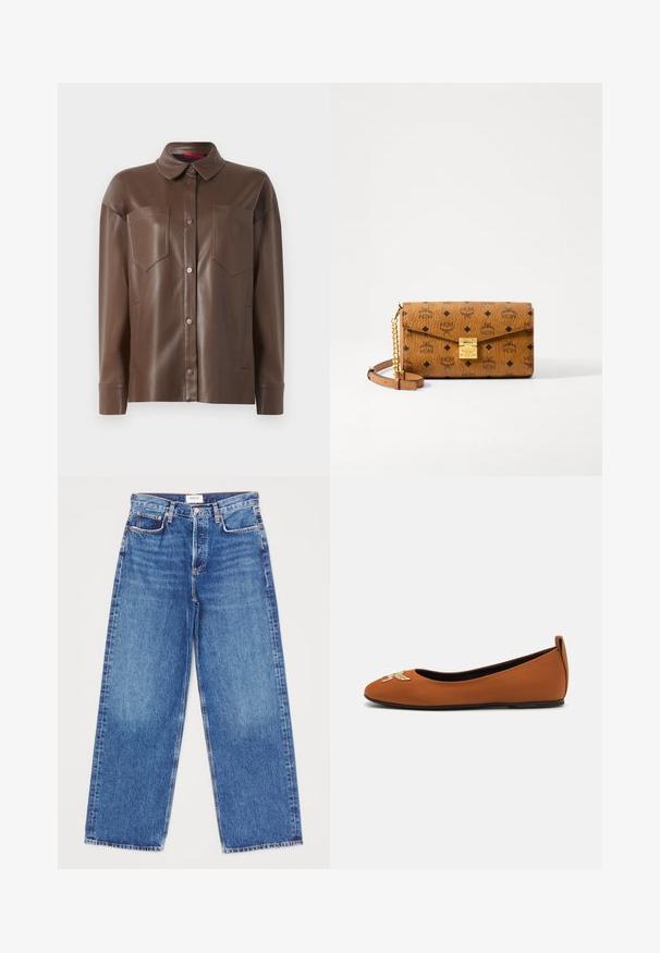 Braune Kunstleder-Hemdjacke mit Kragen, vorderem Knopfverschluss und zwei Brusttaschen. Sie hat eine glatte Textur und eine taillierte Passform.; Denim-Hosen mit weitem Bein in mittlerem Blau mit fünf Taschen, geraden Beinen und Steppnähten. Markenlabel am Bund sichtbar.; Brauner Ballettschuh aus glattem Material mit runder Zehenpartie, versehen mit einem dekorativen, gestickten Design auf der Zehe und einem niedrigen Absatz.; Braune Lederhandtasche mit geprägtem Logo-Muster, goldenen Beschlägen, Umschlagklappe und einem abnehmbaren Ketten- und Lederriemen. Abmessungen nicht angegeben.