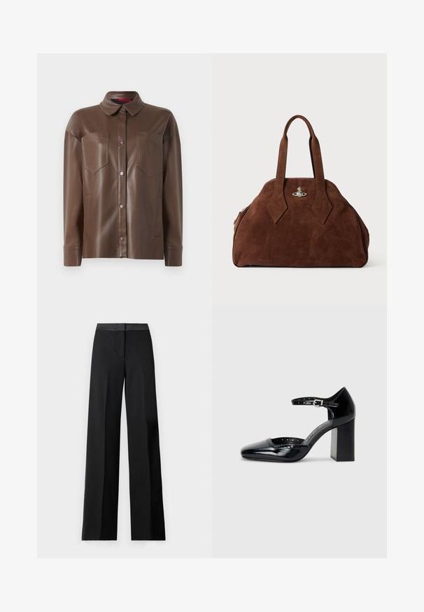 Pruun kunstnahast särgijakk, millel on krae, ees nuputasemel kinnitamine ja kaks rinna taskut. Omab sileda tekstuuri ja nahkse sobivuse.; Mustad laiad püksid mustas värvis, millel on sujuv vöökoht ja elegantne, kohandatud disain. Valmistatud kergest kangast, millel on voolav tekstuur.; Mustad lakknahk kingad kõrge kontsaga, ruudukujulise varbaga, pahkluu rihmaga ja paksu kontsaga. Sisaldab perforatsioonidega detaile ääres.; Pruun nahast käekott, millel on struktureeritud kuju, ümar keha ja piklikud rombikujulised käepidemed. Varustatud hõbedase riistvaraga lukuga.