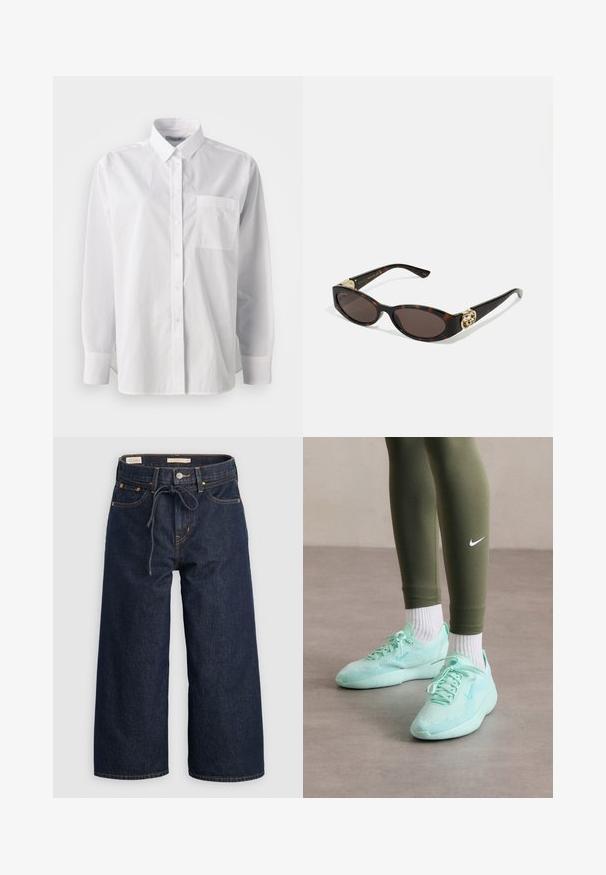 Biela košela na gombíky, bavlnený materiál, dlhé rukávy, klasický golier, jedno vrecko na hrudi, rovný lem, minimálna textúra, bez vzorov.; Tmavo modré džíny s širokými nohavicami, stiahnuteľným pásom, prednými vreckami a kontrastným oranžovým hurtným prešívaním.; Svetlo mäta zelené tenisky Nike s priehľadným zvrškom a textúrovanou podrážkou, skombinované s oliivovo zelenými legínami a bielymi ponožkami.; Slnkové okuliare v korytnačkovom dizajne s predĺženými oválnymi šošovkami, hnedým tónovaním, zlatými logovými akcentmi na spánkoch a elegantnými čiernymi ramenami.