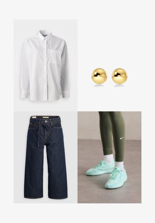 Bela srajca z gumbki, bombažni material, dolgi rokavi, klasičen ovratnik, ena žepa na prsih, ravno dno, minimalna tekstura, brez vzorcev.; Temno modri široki kavbojki z vrvico v pasu, sprednjimi žepi in kontrastnimi oranžnimi šivi.; Svetlo metina zelena Nike športna obutev z mrežno zgornjo površino in teksturiranim podplatom, v kombinaciji z olivno zelenimi leginami in belimi nogavicami.; Zlate okrogle uhane z sijočo, odsevno površino. Oblika je preprosta in gladka, kar ustvarja sodoben, minimalističen videz.