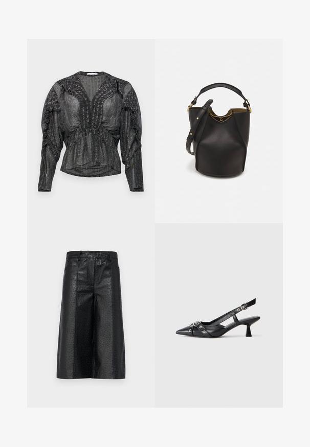 Must tume, läbipaistev pluus metallniitidega. Omab sügavat V-kaela, r gathered detailide õlgadel ja pikki varrukaid lõdva istuvusega.; Mustad tekstuuri faux nahast mustad lühikesed püksid, millel on täpikujundus, küljetaskud ja sirge lõikega disain.; Must must have must toote tõmblukuga, dekoratiivsed rihmad metallist silmadega ja madal blokk-kand. Tekstureeritud pind.; Mustast nahkämbriga kott tekstuurses viimistluses, kuldsete metalldetailide aktsentidega ja avatud ülaosaga. Omab lühikest käepidet ja reguleeritavat õlavarre rihma.