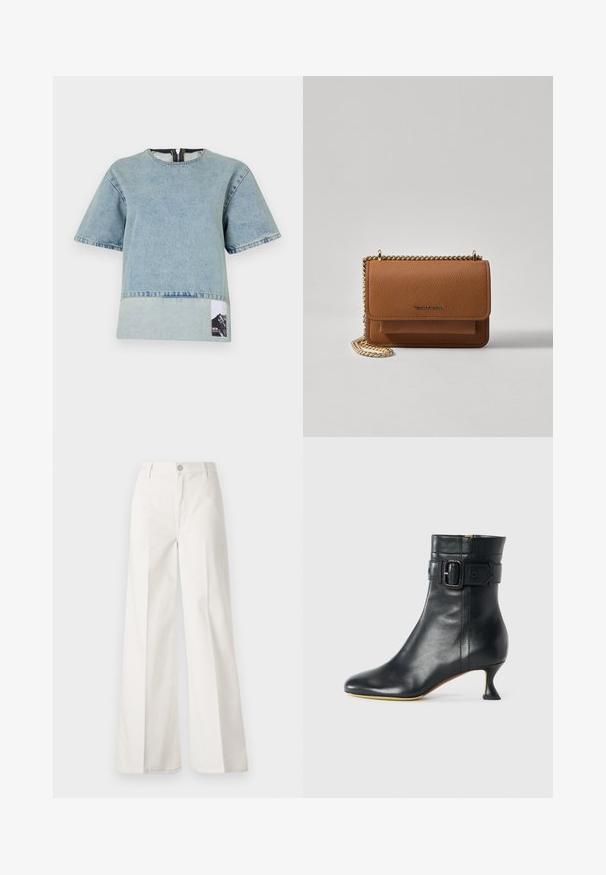Svijetloplavi traper majica s kratkim rukavima, okruglim izrezom, kontrastnim donjim panelom i grafičkom etiketom planine s lijeve strane.; Bijele široke hlače izrađene od pamuka s glatkom teksturom. Imaju prednji gumb, patentni zatvarač i dizajn s četiri džepa.; Crne kožne gležnjače s šiljastim vrhom, suženim potplatom i detaljem kopče na manžeti. Glatka tekstura i elegantan dizajn.; Smeđa kožna torba preko tijela s teksturom, zlatnim lančićem i preklopom na zatvaranju. Na prednjoj strani nalazi se detalj s potpisom i džep ispod preklopa.