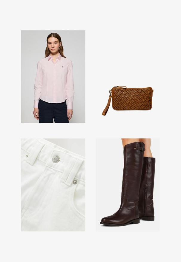 Light pink button-up shirt with long sleeves, a pointed collar, and a small navy logo on the chest. Made of cotton with a smooth texture.; White denim shorts with a structured waistband, silver button detail, and textured fabric. Features front pockets and neat stitching.; Brown leather knee-high boots with a rounded toe, side zipper, and a small buckle detail at the top, featuring a smooth texture.; Brown leather wristlet clutch with woven texture, zipper closure, and detachable strap on a white background.