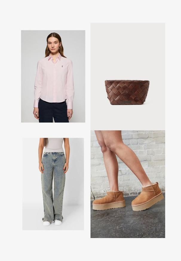 Camisa de botones rosa claro de manga larga, con cuello puntiagudo y un pequeño logo azul marino en el pecho. Hecha de algodón con una textura suave.; Jeans de mezclilla de pierna ancha en color azul claro, con cintura alta, lavado desgastado y costuras en contraste. Combinados con zapatillas blancas.; Botas de tobillo de ante marrón con forro suave, suela de plataforma gruesa beige y una lengüeta trasera. Superficie texturizada con detalles de costura visibles.; Bolso de mano de cuero trenzado marrón con forma trapezoidal y una pequeña placa de marca en el centro frontal.