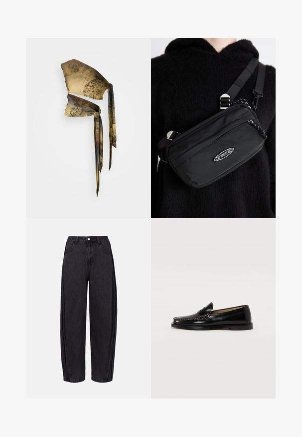 Pañuelo de seda en tonos beige y marrón con patrones vintage. Presenta lazos largos y fluidos y un aspecto texturizado. Diseño elegante y versátil.; Jeans de pierna ancha negros, fabricados en denim con una textura suave. Presentan una cintura alta, bolsillos frontales y cierre de botón en la cintura.; Mocasines de cuero negro con punta redondeada, costuras decorativas y suela plana. Textura suave y diseño minimalista.; Bolso bandolera negro de nailon con correa ajustable, que presenta una textura suave, un bolsillo frontal con cremallera y un acento de logo.