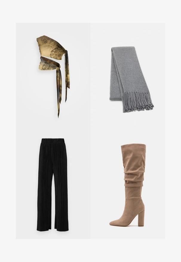 Silkehodetørkle i beige og brunt med vintage mønstre. Har lange, flytende bånd og en teksturert overflate. Stillegant og allsidig design.; Sorte plisserte bukser med elastisk midje. Har vide ben og et glatt, strukturert stoff med vertikale striper.; Anna Field Støvler - beige; Grå ullsjal med en myk tekstur, utstyrt med frynsete kanter og et enkelt design. Brettet pent, som viser frem den avlange formen.