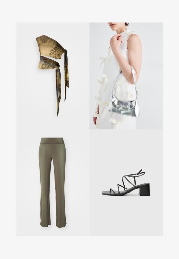 Šilkinis galvos šalikėlis smėlio ir rudos spalvos su vintage raštais. Turi ilgas, plazdančias juostas ir tekstūruotą išvaizdą. Stilingas ir universalus dizainas.; Alyvuogių žaliai platėjantys kelnių pagaminti iš minkštos, elastingos medžiagos. Yra platus juosmuo ir lygus paviršius, be matomų raštų ar akcentų.; Juodos diržinės šlepetės su kvadratine nosimi ir masyviu kulnu, pagamintos iš lygios medžiagos. Yra reguliuojamos kulkšnies juostos ir minimalus aparatūra.; Sidabrinė metalinė rankinė su struktūrizuota forma, turinti viršutinę rankeną ir kaspiną priekyje. Lygi tekstūra, atspindinti apdaila.