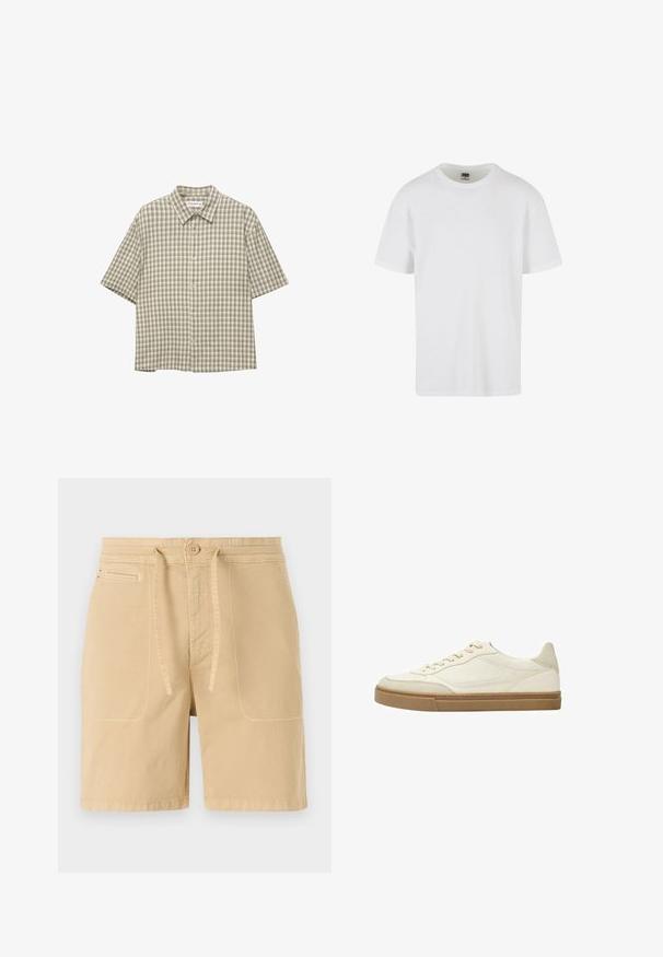 Rövidujjú, zöld és bézs kockás gombos ing; gallér; könnyű anyag; öt gomb található az elülső részén.; Fehér, rövid ujjú póló, texturált pamutból készült. Laza, kerek nyakkivágással és egyenes szabású aljjal rendelkezik. Minimalista dizájn, látható logó nélkül.; Beige színű pamut rövidnadrág, húzózsinórral a deréknál, elülső zsebekkel és látható varrásokkal. Egyszerű, hétköznapi dizájn.; Fehér bőr alacsony szárú sportcipő bézs részletekkel és texturált gumitalpával. Jellemzője a színben harmonizáló varrás és a lekerekített orrforma.