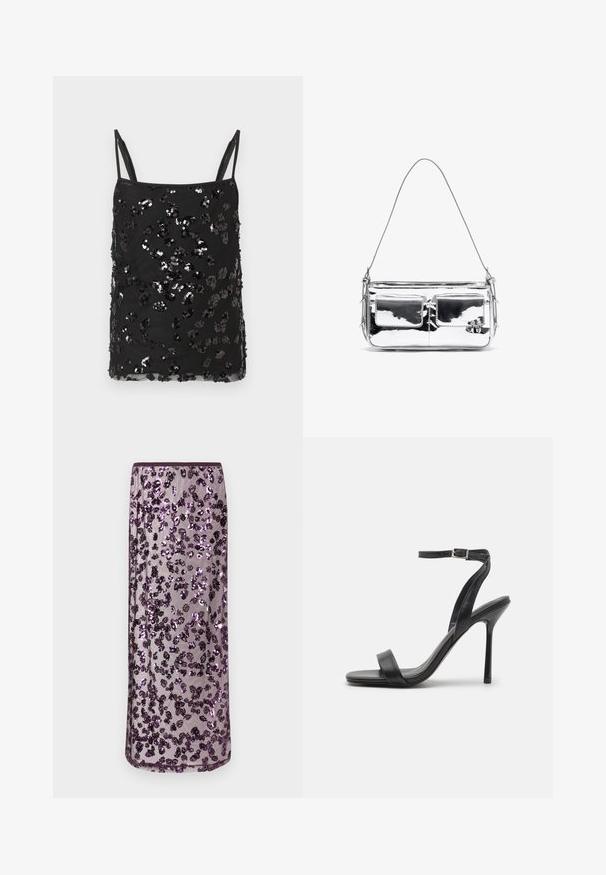 Black camisole top with thin straps, embellished with varying sizes of black and silver sequins forming a scattered pattern across the fabric.; Long sheer skirt with purple and black floral sequins on a light lavender mesh fabric.; Black high-heeled sandal with a slim ankle strap and two front bands. Made of smooth leather with a sleek pointed toe and stiletto heel.; Silver metallic shoulder bag with two front pockets, smooth texture, stitch detailing, and a single detachable strap. Compact rectangular shape.