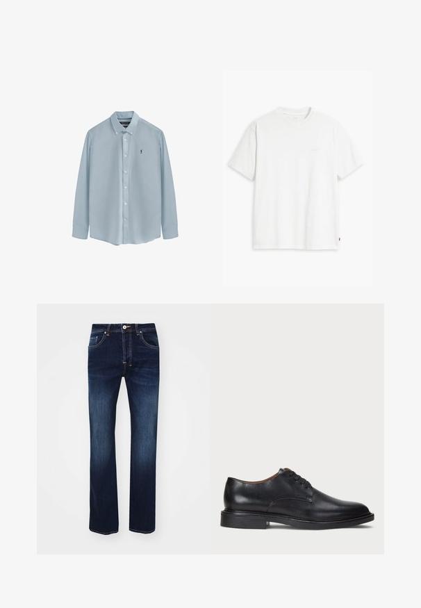 Camisa de manga larga azul claro hecha de tejido suave, con cuello abotonado, botones frontales y un pequeño logo oscuro en el lado izquierdo del pecho.; Camiseta de algodón blanca con mangas cortas, cuello redondo y sutil logo de Levi's impreso en el centro. Textura suave y ajuste estándar.; Jeans de mezclilla azul oscuro con un diseño de pierna recta, que incluyen un cierre de cremallera, cinco bolsillos y detalles de costura amarilla en contraste.; Zapato de vestir de cuero negro con punta redonda, diseño con cordones y un tacón bajo apilado. Textura lisa con detalles de costura mínimos.