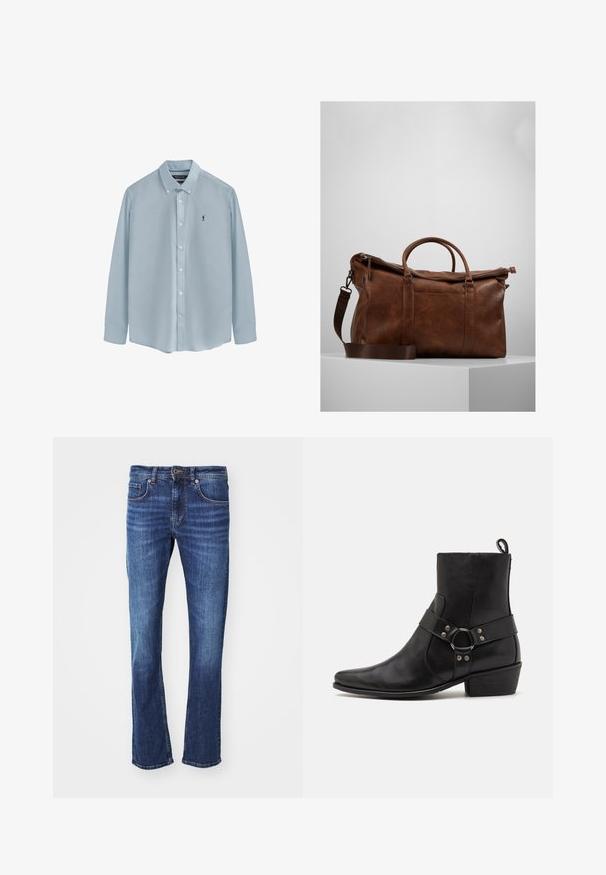 Camisa de manga larga azul claro hecha de tejido suave, con cuello abotonado, botones frontales y un pequeño logo oscuro en el lado izquierdo del pecho.; Vaqueros de mezclilla azul con un corte recto, con cierre de cremallera y botón, cinco bolsillos y un desgastes sutil en los muslos.; Botas de cuero negro hasta el tobillo con punta afilada, correa lateral con un acento de hardware redondeado y un tacón bajo en bloque. Textura suave.; Bolsa de viaje de cuero marrón con cierre de cremallera, doble asa, correa de hombro ajustable y patrones de textura visibles en la superficie.
