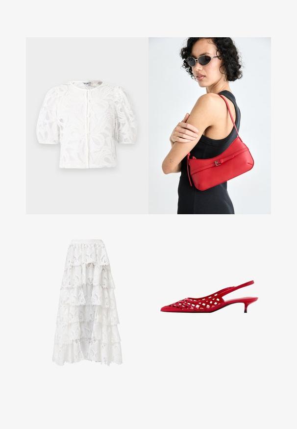 Bela čipkasta bluzica z okroglo izrezom, napihnjenimi kratkimi rokavi in cvetličnim vzorcem. Ima gumbno zapiranje in prosojno tkanino.; Bela čipkasta krila z večplastno zasnovo in valovitimi robovi. Material ima cvetlični vzorec in teksturo, kar ustvarja večplastni videz.; Rdeče slingback čevlje s kitten peto, z izrezljanim mrežastim zgornjim delom, koničastim nosom in sijočim zaključkom. Črna podlaga z majhno peto.; Rdeča usnjena torbica za ramo z gladko teksturo, ukrivljeno zasnovo in dekorativno zaponko. Prilagodljiv trak in zadrga.