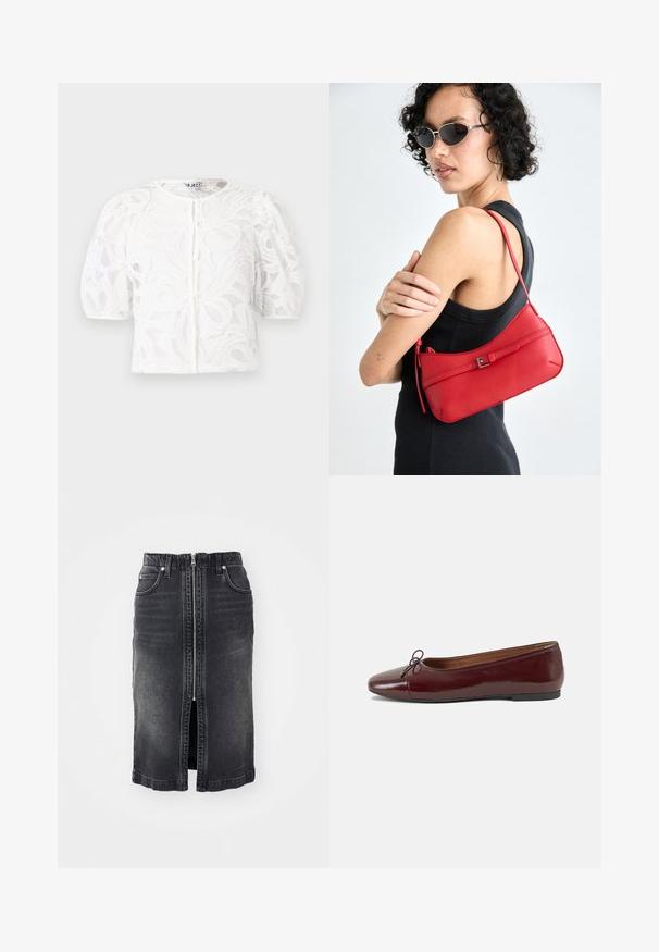 Bijela čipkana bluzica s okruglim izrezom, nabranim kratkim rukavima i cvjetnim uzorkom. Ima kopčanje na gumb i prozirnu tkaninu.; Crna traper suknja s prednjim patentnim zatvaračem, dva bočna džepa, srednje dužine i suptilnim izblijeđenjem. Ima ravni kroj i obrubljene rubove.; Burgundska lakirana balerinka s zaobljenim vrhom, malim mašnom sprijeda i niskom, crnom gumenom potplatu. Glatka tekstura.; Crvena kožna torba preko ramena s glatkom teksturom, zakrivljenim dizajnom i dekorativnom kopčom. Podesivi remen i zatvaranje na patentni zatvarač.
