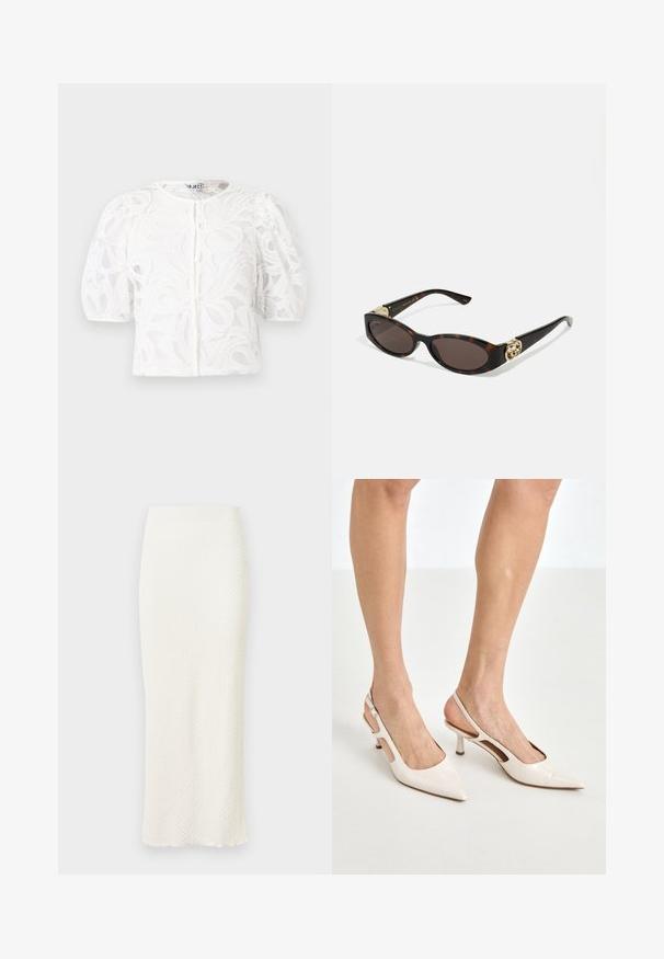 Baltā mežģīņu blūze ar apaļu kakla izgriezumu, pūkainām īsām piedurknēm un ziedu rakstu. Iezīmētais poga aizdare un caurspīdīga auduma.; Stilīga, balta midi svārku izgatavota no teksturēta auduma, ar pieguļošu formu un nedaudz ieliektām malām papildu detaļām.; Beidzējo oriģinālo bežējo lakotā ādas kurpju papēžus ar norādītu degunu un 5 cm papēdi, kas iekļauj izgrieztās sānu daļas un plānu potītes siksniņu.; Tīģerbrūnā sauļošanās brillēm ar izstieptām ovālām lēcām, brūnu tonējumu, zeltītiem logotipa akcentiem uz tempļiem un plānām melnām kājām.; Balta ziedu somiņa ar savelktu auduma virsmu, zeltīta toņa ķēdes siksna un metāla sprādze. Iekļautas teksturētas ziedlapiņas papildus detaļām.; Lauren Ralph Lauren COLLAR - Kaklarota - gold-coloured/white