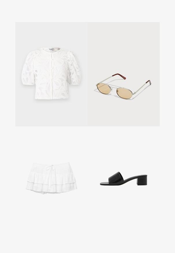 Bílá krajková blůza s kulatým výstřihem, vyhrnutými krátkými rukávy a květinovým vzorem. Obsahuje zapínání na knoflíky a průsvitnou látku.; Bílá vrstvená sukně se třemi volánovými patry, elastickým pasem a detaily na stažení. Vyrobena z lehkého, texturovaného materiálu.; Černé otevřené sandály na klínku z kůže s širokým páskem a pevným blokovým podpatkem. Mají hladkou strukturu a minimalistický design.; Kovové sluneční brýle s oválnými, světle hnědými tónovanými skly. Úzký stříbrný rám s texturovanými akcenty a červenohnědými konci na nožičkách.; Červená kožená taška na rameno s hladkým povrchem, zakřiveným designem a dekorativní sponou. Nastavitelný popruh a zipové zapínání.