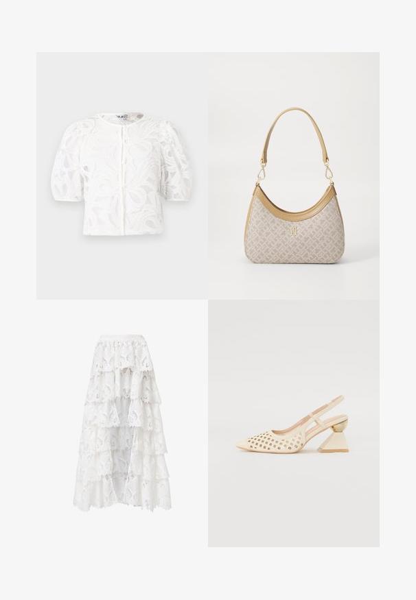 Weiße Spitzenbluse mit einem runden Ausschnitt, puffärmeligem kurzen Ärmeln und floralem Muster. Mit Knopfverschluss und durchscheinendem Stoff.; Weißer Spitzrock mit einer gestuften Gestaltung und gewellten Kanten. Das Material hat ein florales Muster und eine Struktur, die ein geschichtetes Aussehen erzeugt.; Beige Slingback-Schuh mit Perforierung im Obermaterial, spitzer Zehenpartie und einem kontrastierenden dreieckigen Absatz mit einem goldenen Akzent. Insgesamt glatte Textur.; Beige gemusterte Handtasche mit geschwungener Form, Lederakzenten und einem goldfarbenen Logo auf der Vorderseite. Verfügt über einen kurzen Griff für einfaches Tragen.; Lauren Ralph Lauren COLLAR - Halskette - gold-coloured/white