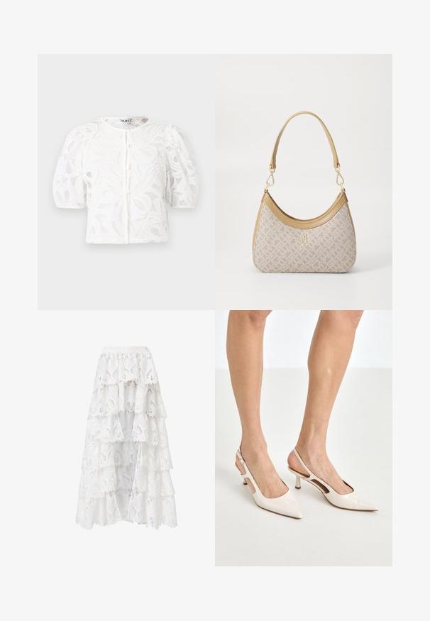 Witte kant blouse met een ronde halslijn, korte pofmouwen en een bloemenpatroon. Voorzien van knoopsluiting en doorschijnende stof.; Witte kant rok met een gelaagd ontwerp en gegolfde randen. Het materiaal heeft een bloemenpatroon en textuur, wat een gelaagd uiterlijk creëert.; Beige gepatineerde leren slingback hakken met een spitze neus en een hak van 5 cm, met uitsparingen aan de zijkanten en een dunne enkelband.; Beige handtas met een patroon en een gebogen vorm, leren accenten en een goudkleurig logo aan de voorkant. Beschikt over een kort handvat voor gemakkelijk dragen.; Lauren Ralph Lauren COLLAR - Ketting - gold-coloured/white