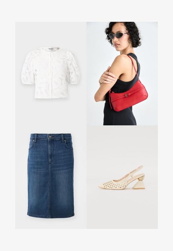 Bela čipkasta bluzica z okroglo izrezom, napihnjenimi kratkimi rokavi in cvetličnim vzorcem. Ima gumbno zapiranje in prosojno tkanino.; Jeans krilo v temno modri barvi, z enobarvnim materialom, srednje dolžine, z zankami za pas, sprednjimi žepi in zadrgo.; Beige sandal s peto s perforirano zgornjo stranjo, s koničastim nosom in kontrastno trikotno peto, ki ima zlat akcent. Splošno gladka tekstura.; Rdeča usnjena torbica za ramo z gladko teksturo, ukrivljeno zasnovo in dekorativno zaponko. Prilagodljiv trak in zadrga.