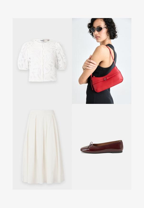 Balta nėriniuota blausda su apvaliu kaklu, pūstomis trumpomis rankovėmis ir gėlių raštu. Yra mygtukų užsegimas ir pralaidus audinys.; Balta plisuota medvilninė sijonas, turintis vidutinio ilgio dizainą, lygų juosmenį ir A formos siluetą.; Bordo lakiotos odos baleto bateliai su apvalia nosimi, maža kaspinėlio akcentu priekyje ir žema juoda guma padanga. Lygi tekstūra.; Raudona odinė petinė rankinė su lygia tekstūra, išlenktu dizainu ir dekoratyvine sagtimi. Reguliuojama petneša ir užtrauktukas.