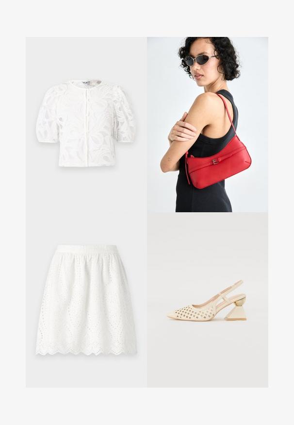 Bluză albă din dantelă, cu guler rotund, mâneci scurte cu volane și model floral. Dispune de închidere cu nasturi și material semi-transparent.; Fustă albă din bumbac cu tiv ondulat. Prezintă o talie cu elastic și modele intricate perforate pe întreaga suprafață a materialului.; Pantofii cu toc înalt, de culoare bej, clasic, cu partea superioară perforată, vârf ascuțit și un toc triangular contrastant cu un accent auriu. Textura este netedă în general.; Geantă de umăr din piele roșie cu o textură netedă, design curbat și un accent decorativ sub formă de cataramă. Curea ajustabilă și închidere cu fermoar.