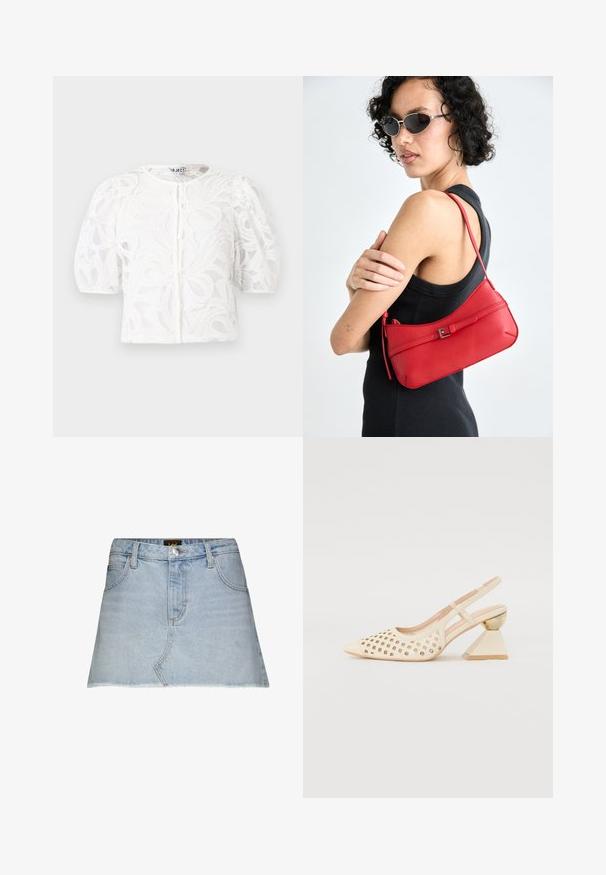 Biela čipkovaná blúzka s okrúhlym výstrihom, vypuklými krátkymi rukávmi a kvetinovým vzorom. Obsahuje gombíkový uzáver a priesvitnú látku.; Svetlomodrá denimová sukňa s vysokým pásom, s predným zapínaním na gombíky, piatimi vreckami a roztrhnutým lemom. Viditeľné klasické švy džínsy.; Béžová sandálová obuv na podpätku s perforovaným zvrškom, špicatou špičkou a kontrastným trojuholníkovým podpätkom s zlatým akcentom. Hladká textúra celkovo.; Červená kožená taška cez rameno s hladkým povrchom, zakriveným dizajnom a dekoračnou sponou. Nastaviteľný popruh a zips.