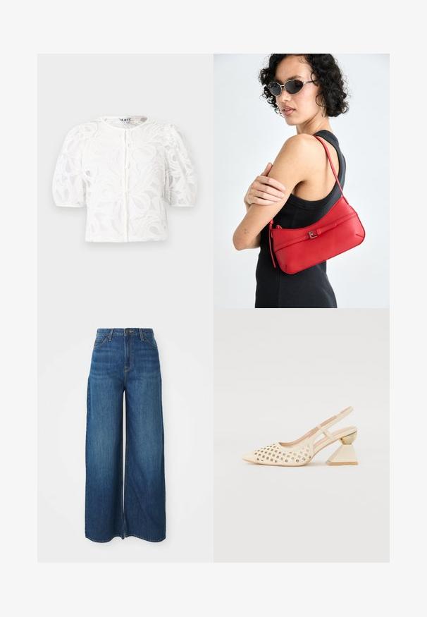 Bluză albă din dantelă, cu guler rotund, mâneci scurte cu volane și model floral. Dispune de închidere cu nasturi și material semi-transparent.; Blugi din denim albastru, cu talie înaltă și picioare largi, cu buzunare frontale, bucle pentru curea, închidere cu button și cusături vizibile, pe un fundal alb.; Pantofii cu toc înalt, de culoare bej, clasic, cu partea superioară perforată, vârf ascuțit și un toc triangular contrastant cu un accent auriu. Textura este netedă în general.; Geantă de umăr din piele roșie cu o textură netedă, design curbat și un accent decorativ sub formă de cataramă. Curea ajustabilă și închidere cu fermoar.