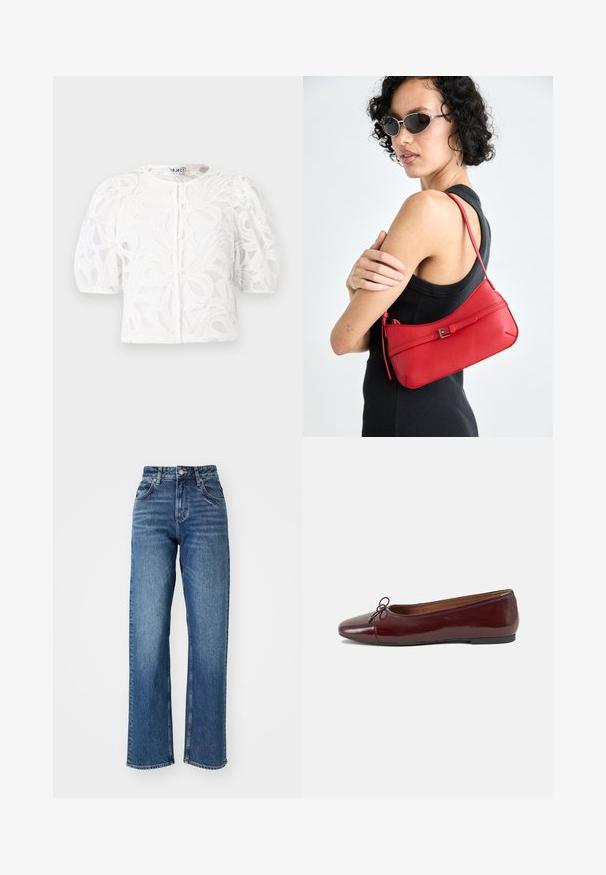 Blusa blanca de encaje con cuello redondo, mangas cortas abullonadas y patrón floral. Cuenta con cierre de botones y tela transparente.; Jeans de tiro alto y pierna ancha de denim azul. Con cinco bolsillos, cierre de botón y un sutil desvanecimiento en la tela.; Bailarina de charol burdeos con punta redonda, pequeño lazo en la parte frontal y una suela baja de goma negra. Textura suave.; Bolso de hombro de cuero rojo con una textura suave, diseño curvado y un accesorio de hebilla decorativa. Correa ajustable y cierre de cremallera.