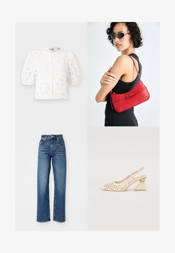 Hvit bluse i blonder med rund hals, puffer korte ermer og blomsterdesign. Har knapplukking og gjennomsiktig stoff.; Høyt midjede, vide jeans laget av blå denim. Har fem lommer, knappelukking og subtil fading over stoffet.; Beige slingback sko med perforert overdel, spiss tå og en kontrasterende trekantet hæl med gullakksent. Generelt glatt tekstur.; Rød lær skulderveske med en glatt tekstur, buet design og en dekorativ spenne. Justerbar stropp og glidelås-lukking.