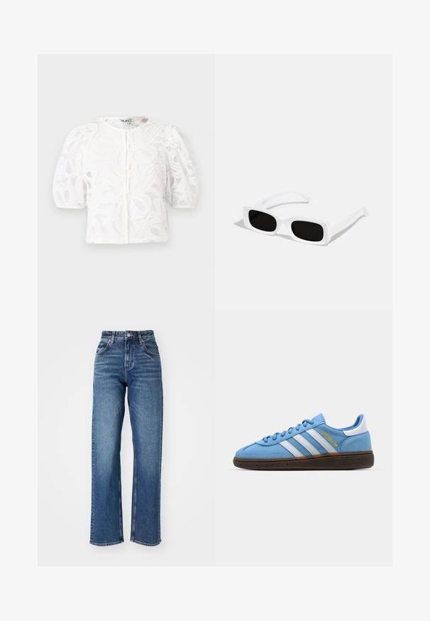 Balta nėriniuota blausda su apvaliu kaklu, pūstomis trumpomis rankovėmis ir gėlių raštu. Yra mygtukų užsegimas ir pralaidus audinys.; Aukšto liemens, plačių kojų džinsai, pagaminti iš mėlyno džinsinio audinio. Turi penkis kišenių, užsegimą mygtuku ir subtilų blukimą audinio paviršiuje.; Šviesiai mėlyni suediniai sportbačiai su baltomis odinėmis juostelėmis, ruda tekstūruota padais ir auksiniu logotipo akcentu. Žemas dizainas su apvaliu pirštu.; Baltos stačiakampio formos saulės akinius su juodais lęšiais, turinčius matinį paviršių ir švelnų tekstūrą. Rankenos yra grakščios ir šiek tiek lenktos.; Raudona odinė petinė rankinė su lygia tekstūra, išlenktu dizainu ir dekoratyvine sagtimi. Reguliuojama petneša ir užtrauktukas.