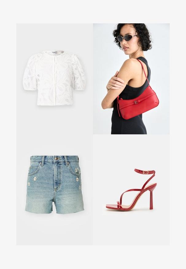Blusa blanca de encaje con cuello redondo, mangas cortas abullonadas y patrón floral. Cuenta con cierre de botones y tela transparente.; Shorts de mezclilla en azul claro con un acabado desgastado, que presentan bordados de flores blancas en la parte frontal, diseño clásico de cinco bolsillos y un dobladillo deshilachado.; ALDO SCINTILLA - Sandalias de tacón - red; Bolso de hombro de cuero rojo con una textura suave, diseño curvado y un accesorio de hebilla decorativa. Correa ajustable y cierre de cremallera.