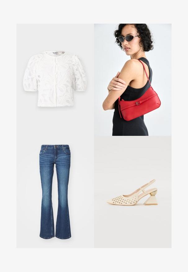 Valge pitsist pluus ümarate kaelustega, puhviga lühikeste varrukatega ja lillemustriga. Omab nupplukku ja läbipaistvat materjali.; Keskmise sinise denimi flared teksad. Omavad lukuga sääret ja metallist nuppu, kahte esimest taskut ning pleekimise detaile põlvede lähedal.; Beige slingback kingad perforatsiooni ülaosaga, terava ninaga ja kontrastse kolmnurkse kandaga, millel on kuldne aktsent. Üldine sile tekstuur.; Punane nahast õlalauk sujuva tekstuuriga, kaarjate joontega ja dekoratiivse lukuga. Reguleeritav rihm ja lukuga sulgemine.