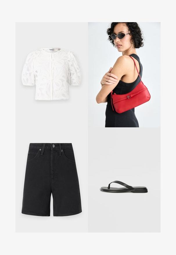 Valkoinen pitsitoppi, jossa on pyöreä kaula-aukko, puffattuja lyhyitä hihoja ja kukkakuosi. Sisältää napitus- ja läpinäkyvän kankaan.; Mustat farkkushortsit suoran leikkauksen, viiden taskun, metallipainikkeen kiinnityksen ja hillittyjen ompeluyksityiskohtien kanssa. Sujuva kangas, keskikorkeus.; Mustat varvastossut, joissa on sileä nahkapinta, ohut hihna ja litteä pohja, jossa on minimalistinen muotoilu. Ei huomattavia kuvioita tai koristeita.; Punainen nahkainen olkalaukku, jossa on sileä rakenne, kaareva muotoilu ja koristeellinen solki. Säädettävä hihna ja vetoketjukiinnitys.