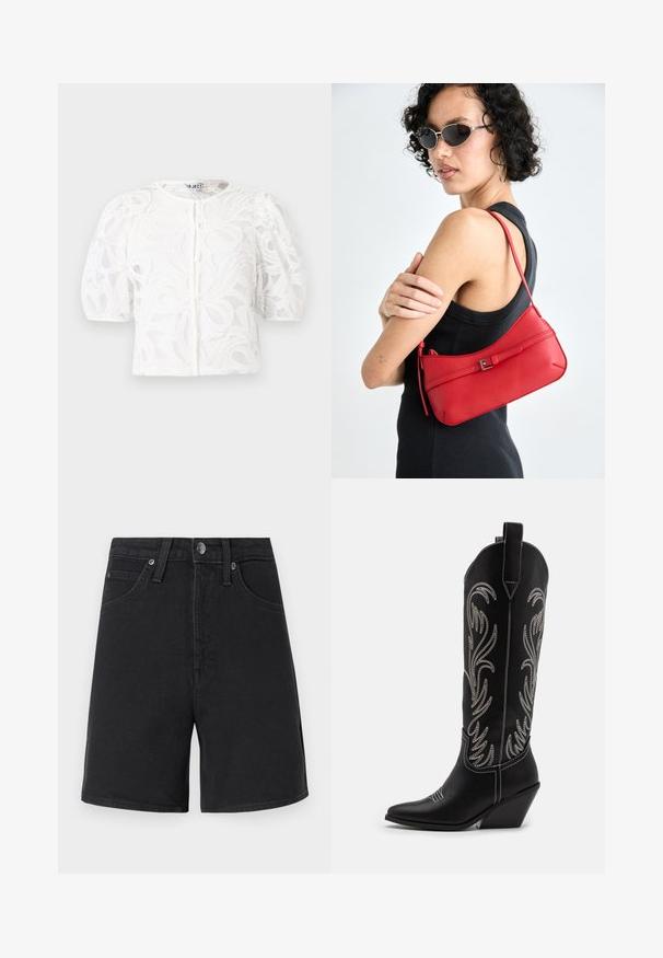 Bijela čipkana bluzica s okruglim izrezom, nabranim kratkim rukavima i cvjetnim uzorkom. Ima kopčanje na gumb i prozirnu tkaninu.; Crne traperice kratke hlače ravnog kroja, s pet džepova, zatvaranjem na metalnu dugmad i diskretnim detaljima šivanja. Glatka tekstura tkanine, srednji struk.; Crne kožne kauboj čizme s šiljastim prstima, klinastim potpeticama i srebrnim izvezenim cvjetnim uzorcima duž osovine. Kontrastni šavovi posvuda.; Crvena kožna torba preko ramena s glatkom teksturom, zakrivljenim dizajnom i dekorativnom kopčom. Podesivi remen i zatvaranje na patentni zatvarač.