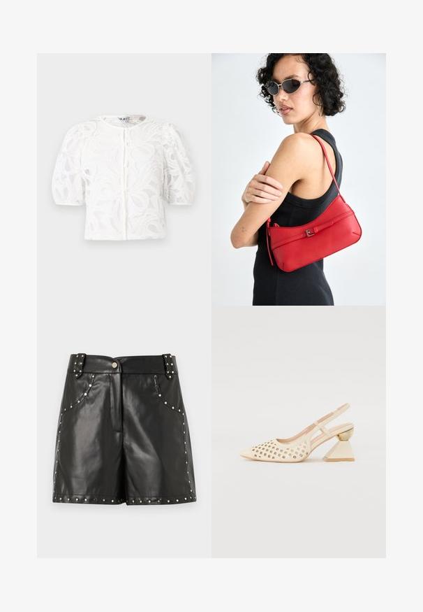 Bijela čipkana bluzica s okruglim izrezom, nabranim kratkim rukavima i cvjetnim uzorkom. Ima kopčanje na gumb i prozirnu tkaninu.; Crne kožne šortse sa srebrnim zakovicama duž džepova i donjeg ruba, glatke teksture i prilagođenog kroja. Detalj s kopčom na pojasu.; Bež sandala s perforiranim gornjim dijelom, šiljastim nosom i kontrastnom trokutastom potpeticom s zlatnim naglaskom. Cjelokupna površina je glatka.; Crvena kožna torba preko ramena s glatkom teksturom, zakrivljenim dizajnom i dekorativnom kopčom. Podesivi remen i zatvaranje na patentni zatvarač.