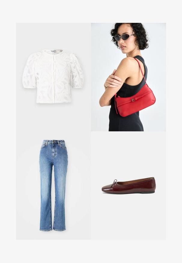 Balta nėriniuota blausda su apvaliu kaklu, pūstomis trumpomis rankovėmis ir gėlių raštu. Yra mygtukų užsegimas ir pralaidus audinys.; Aukštos juosmens mėlynos džinsinės kelnės su platėjančiomis kojomis, pasižyminčios šviesiu skalbimu, subtiliu blukimu ir nelygiais galais su klasikiniu siuvinėjimu.; Bordo lakiotos odos baleto bateliai su apvalia nosimi, maža kaspinėlio akcentu priekyje ir žema juoda guma padanga. Lygi tekstūra.; Raudona odinė petinė rankinė su lygia tekstūra, išlenktu dizainu ir dekoratyvine sagtimi. Reguliuojama petneša ir užtrauktukas.