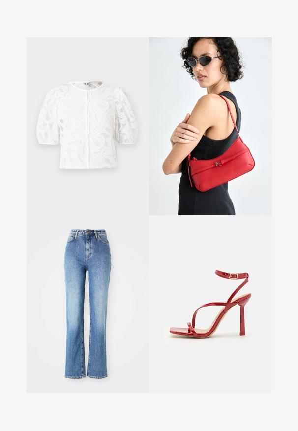 Biela čipkovaná blúzka s okrúhlym výstrihom, vypuklými krátkymi rukávmi a kvetinovým vzorom. Obsahuje gombíkový uzáver a priesvitnú látku.; Vysoké modré džíny s vykrojenými nohavicami, s svetlou prateľnosťou, jemným vyblednutím a rozstrapkanými lemami s klasickými švami.; ALDO SCINTILLA - Sandále na vysokom opätku - red; Červená kožená taška cez rameno s hladkým povrchom, zakriveným dizajnom a dekoračnou sponou. Nastaviteľný popruh a zips.