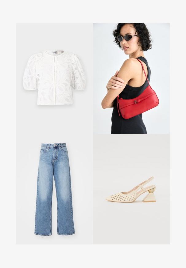 Baltā mežģīņu blūze ar apaļu kakla izgriezumu, pūkainām īsām piedurknēm un ziedu rakstu. Iezīmētais poga aizdare un caurspīdīga auduma.; Gaišzilas džinsa platās bikses ar augstu jostasvietu, piecas kabatas un pogu aizdari. Nodilušas tekstūras un izfrakts malu apdare.; Beige siksnīšu kurpes ar perforētu augšējo daļu, smailu purngalu un kontrastējošu trīsstūra papēdi, kas rotāta ar zeltu. Kopumā gluda tekstūra.; Sarkans ādas plecu soma ar gludu tekstūru, izliekta dizaina un dekoratīvu sprādzi. Regulējams siksna un rāvējslēdzēja aizdare.