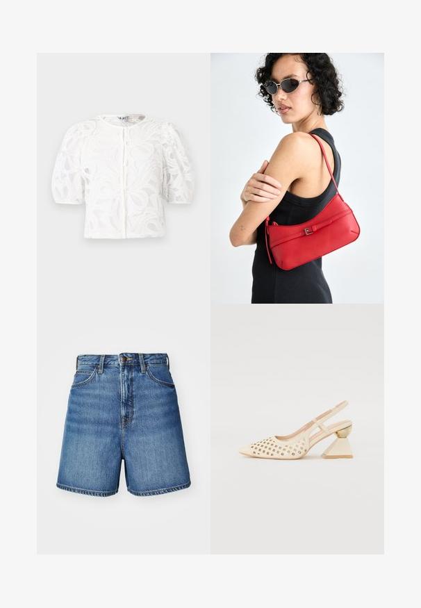 Valge pitsist pluus ümarate kaelustega, puhviga lühikeste varrukatega ja lillemustriga. Omab nupplukku ja läbipaistvat materjali.; Heledad sinised teksapüksid klassikalise lõikega, millel on esipockets, lukuga kinni minek ja äärtes õmblused.; Beige slingback kingad perforatsiooni ülaosaga, terava ninaga ja kontrastse kolmnurkse kandaga, millel on kuldne aktsent. Üldine sile tekstuur.; Punane nahast õlalauk sujuva tekstuuriga, kaarjate joontega ja dekoratiivse lukuga. Reguleeritav rihm ja lukuga sulgemine.