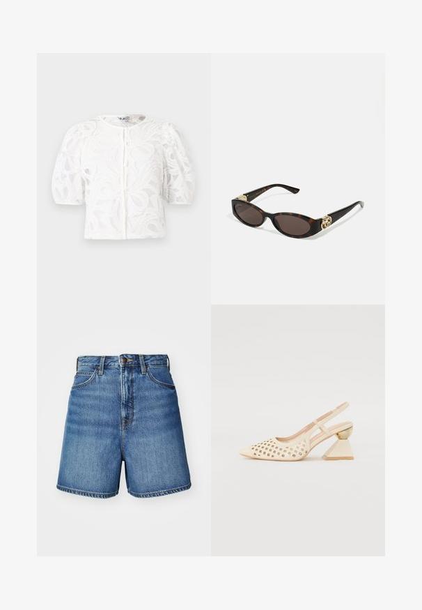 Fehér csipkeboleró kerek nyakkal, puffos rövid ujjakkal és virágmintával. Gombos záródással és áttetsző anyaggal rendelkezik.; Világoskék farmer rövidnadrág klasszikus szabással, elülső zsebekkel, cipzáros záródással és varrási részletekkel az alján.; Beige szandál, perforált felsőrésszel, hegyes orral és kontrasztos háromszögletű sarokkal, amely arany díszítést tartalmaz. Az egész cipő sima anyagú.; Tortából készült napszemüveg, hosszúkás ovális lencsékkel, barna színű árnyalattal, arany logóval a fülkagylón, és karcsú fekete szárakkal.; Piros bőr válltáska sima felülettel, ívelt dizájnnal és dekoratív csattal. Állítható pánt és cipzáras záródás.