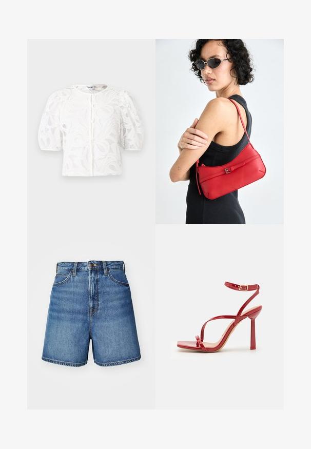 Blouse en dentelle blanche avec un col rond, des manches courtes bouffantes et un motif floral. Elle dispose d'une fermeture à boutons et d'un tissu transparent.; Shorts en denim de couleur bleu clair avec une coupe classique, présentant des poches avant, un zip et des détails de couture au niveau de l'ourlet.; ALDO SCINTILLA - Sandales à talons hauts - red; Sac à épaule en cuir rouge avec une texture lisse, un design courbé et un accent de boucle décorative. Bandoulière ajustable et fermeture à glissière.